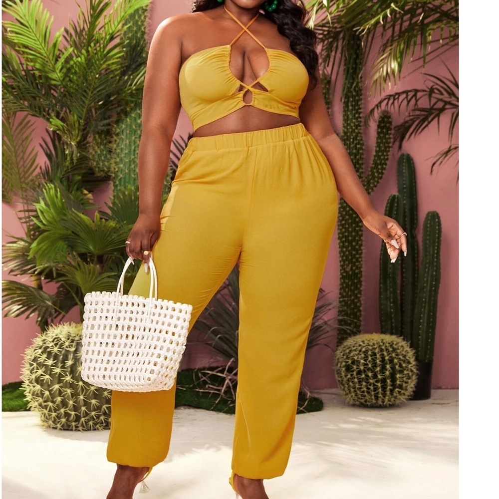 New- Yellow Crisscross Front Shirred Back Halter Top & Pants